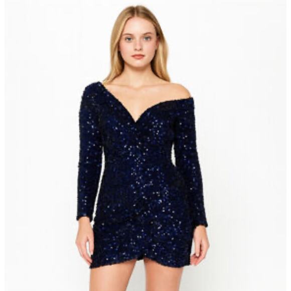 LUSH Blue Sequin One-Shoulder Bodycon Cocktail Dress Sparkly Party Mini Sz S - Picture 7 of 14